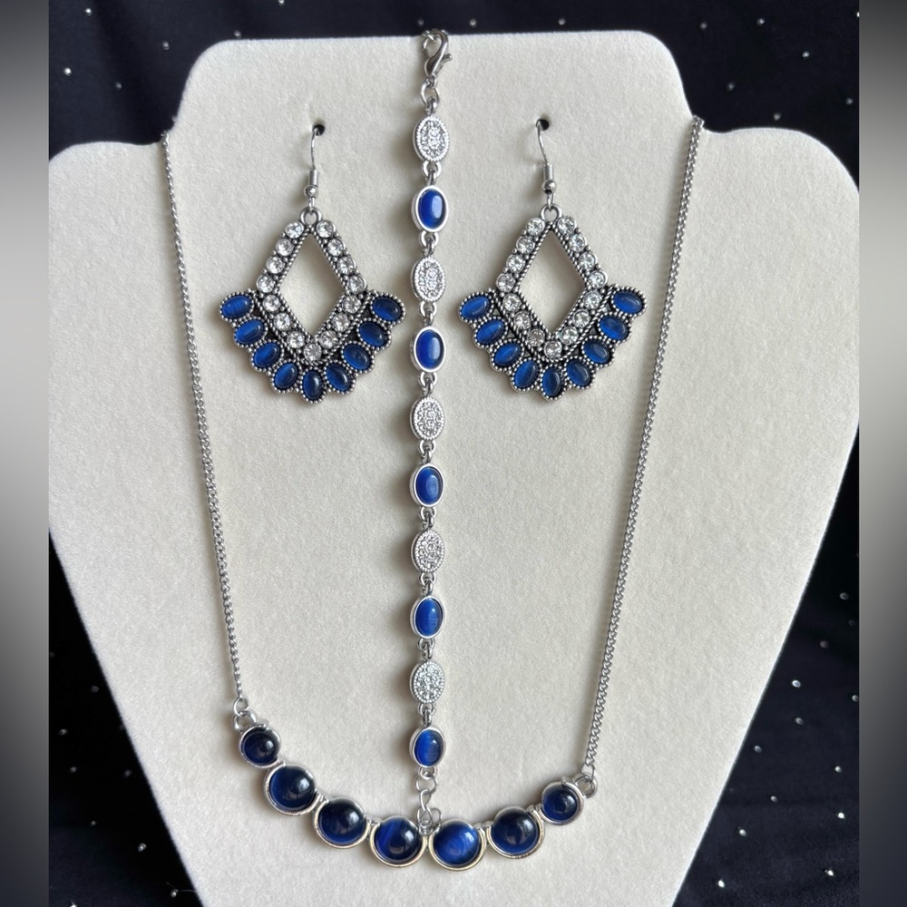 Blue Stone Silver-Tone Jewelry Set - Necklace, Bracelet & Earrings